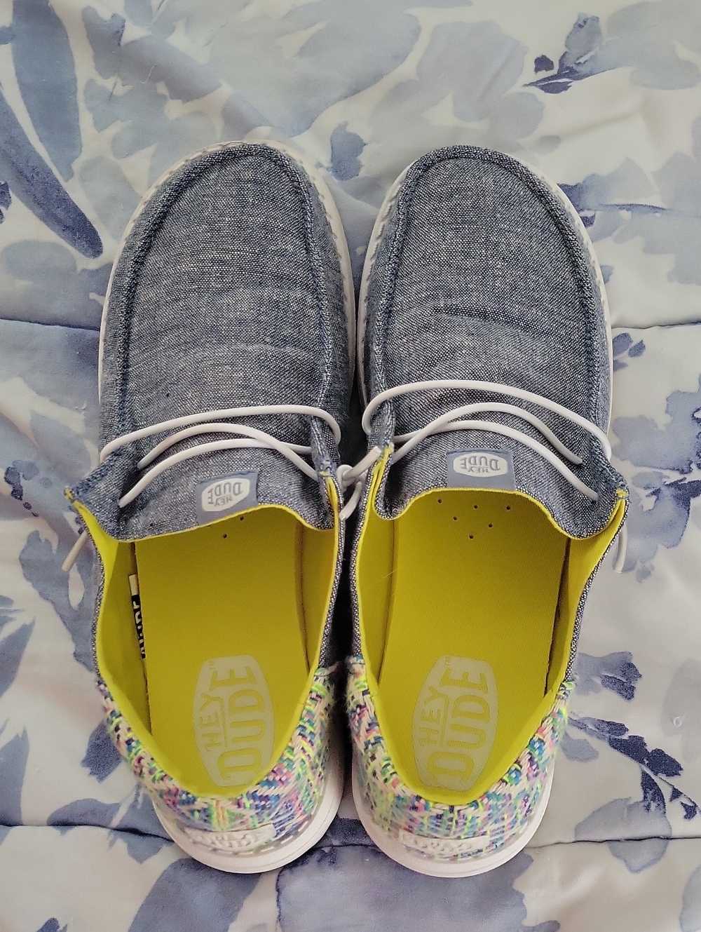 Hey Dude Gray Linen-Style Slip-Ons with Yellow Insole and Multicolor Heel